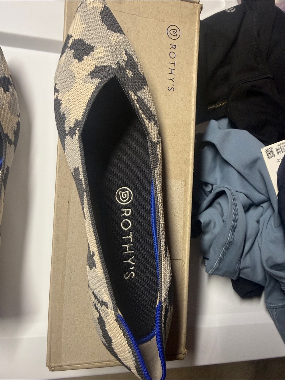 Rothy's Pointed Flat in Beige and Black Camo with Blue Trim